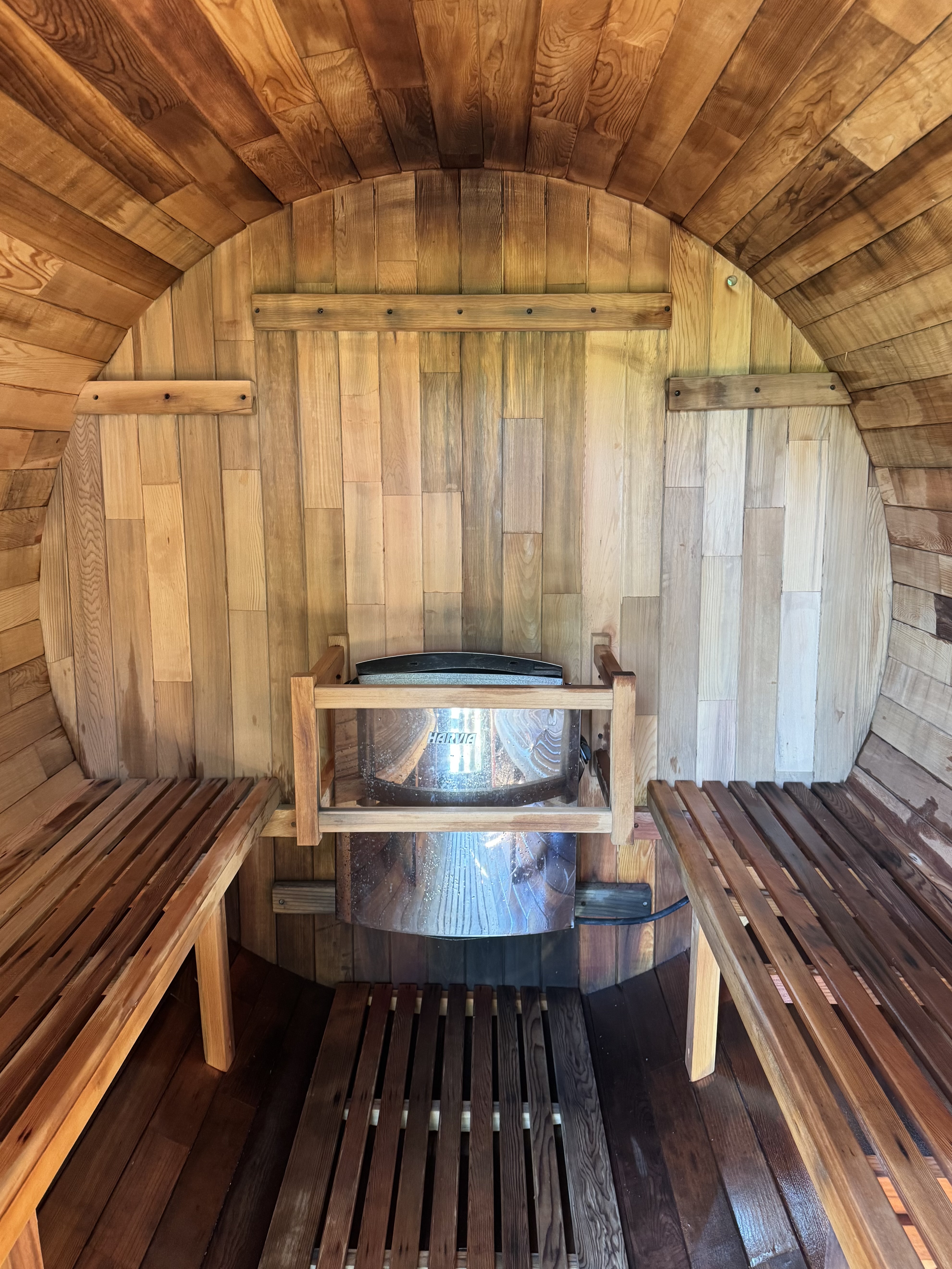 Interior of the cedar barrel sauna at Brookhaven